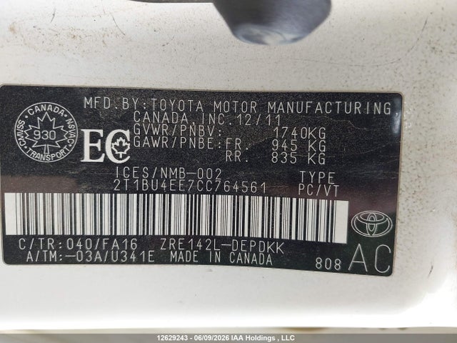 Продаж на аукціоні авто 2012 Toyota Corolla Ce, vin: 2T1BU4EE7CC764561, номер лоту: 12629243
