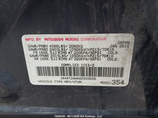 Продажа на аукционе авто 2010 Mitsubishi Outlander Es, vin: JA4AT2AW4AZ605656, номер лота: 12629245