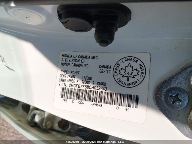 12629259 :رقم المزاد ، 2HGFB2F58CH052643 vin ، 2012 Honda Civic Ex مزاد بيع