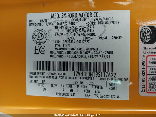 2009 Ford Mustang V6 მანქანა იყიდება აუქციონზე, vin: 1ZVHT80N195117622, აუქციონის ნომერი: 12629266