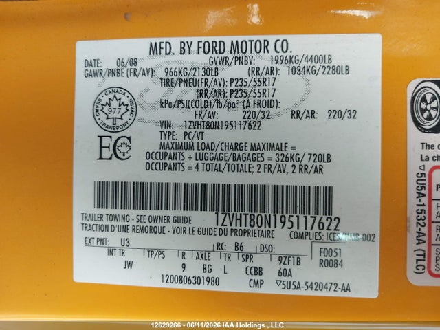 2009 Ford Mustang V6 მანქანა იყიდება აუქციონზე, vin: 1ZVHT80N195117622, აუქციონის ნომერი: 12629266