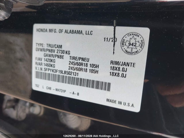 Продаж на аукціоні авто 2020 Honda Ridgeline Sport, vin: 5FPYK3F19LB502131, номер лоту: 12629268