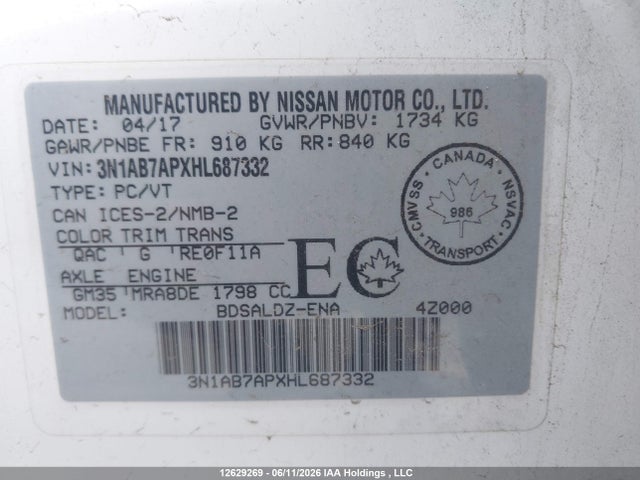 Продаж на аукціоні авто 2017 Nissan Sentra S/sv/sr/sl, vin: 3N1AB7APXHL687332, номер лоту: 12629269