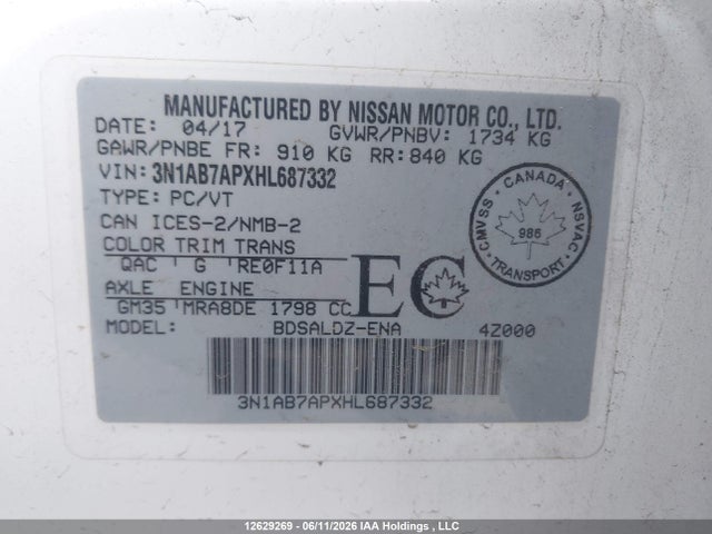 Продаж на аукціоні авто 2017 Nissan Sentra S/sv/sr/sl, vin: 3N1AB7APXHL687332, номер лоту: 12629269