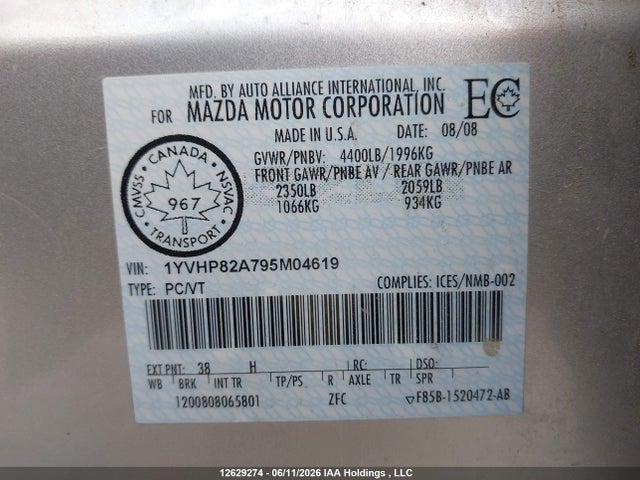 12629274 :رقم المزاد ، 1YVHP82A795M04619 vin ، 2009 Mazda Mazda6 Gt-i4 مزاد بيع