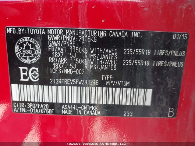 12629276 :رقم المزاد ، 2T3RFREV5FW281246 vin ، 2015 Toyota Rav4 Xle مزاد بيع