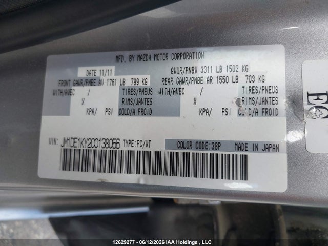 12629277 :رقم المزاد ، JM1DE1KY2C0138056 vin ، 2012 Mazda Mazda2 Gx مزاد بيع
