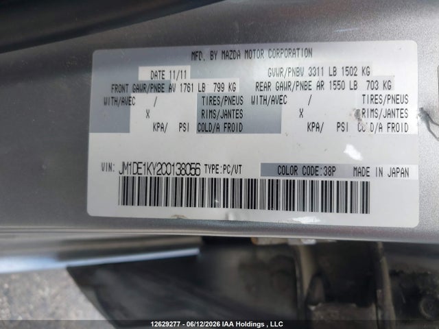 12629277 :رقم المزاد ، JM1DE1KY2C0138056 vin ، 2012 Mazda Mazda2 Gx مزاد بيع