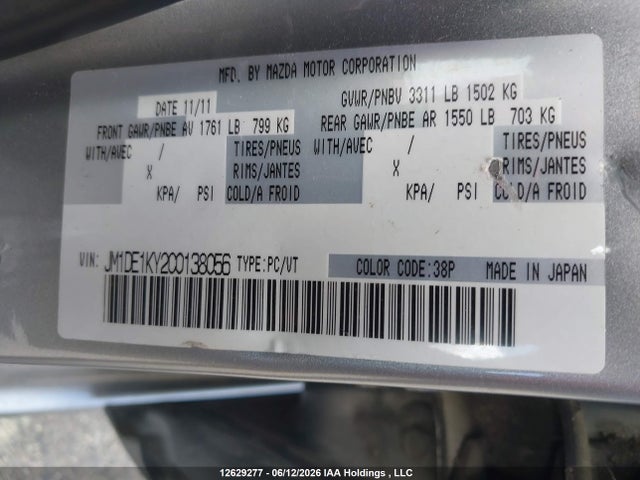 12629277 :رقم المزاد ، JM1DE1KY2C0138056 vin ، 2012 Mazda Mazda2 Gx مزاد بيع