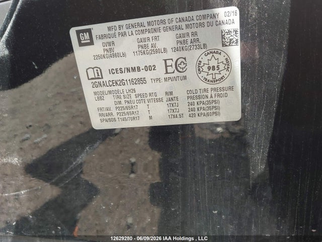 2016 Chevrolet Equinox მანქანა იყიდება აუქციონზე, vin: 2GNALCEK2G1162855, აუქციონის ნომერი: 12629280