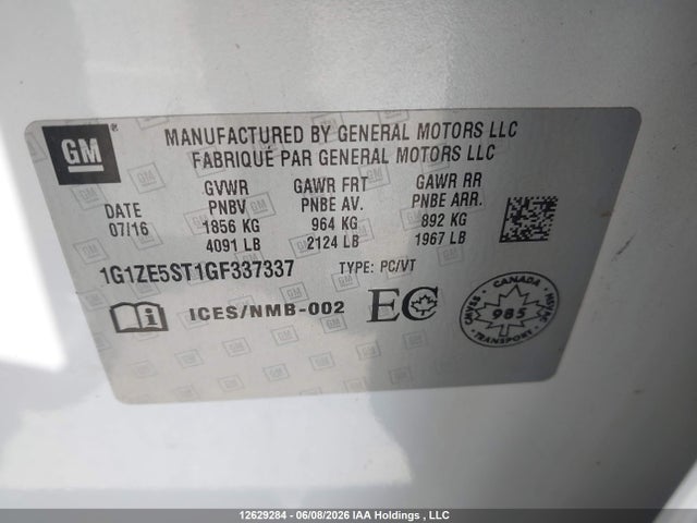 Продаж на аукціоні авто 2016 Chevrolet Malibu Lt, vin: 1G1ZE5ST1GF337337, номер лоту: 12629284