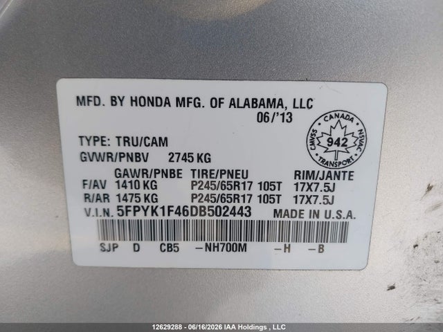 Aukcja sprzedaży 2013 Honda Ridgeline Rts, vin: 5FPYK1F46DB502443, numer aukcji: 12629288