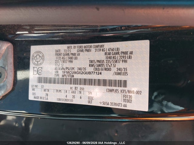 12629290 :رقم المزاد ، 1FMCU9GX2GUB77124 vin ، 2016 Ford Escape Se مزاد بيع