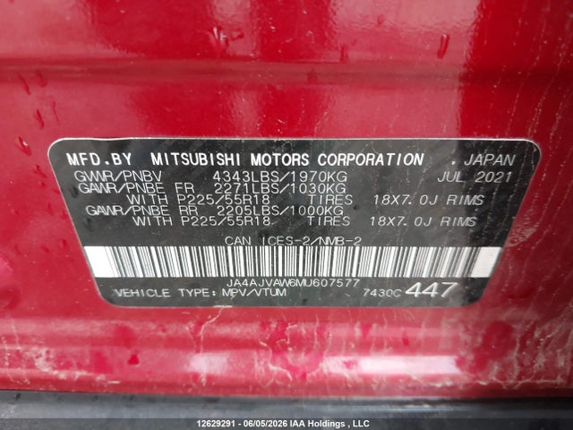 Aukcja sprzedaży 2021 Mitsubishi Rvr Se/sel/le/gt, vin: JA4AJVAW6MU607577, numer aukcji: 12629291