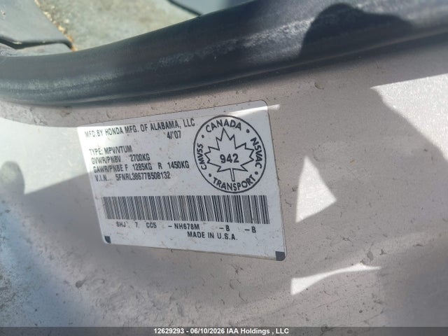 2007 Honda Odyssey Ex-l მანქანა იყიდება აუქციონზე, vin: 5FNRL38677B508132, აუქციონის ნომერი: 12629293
