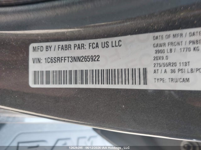 Продажа на аукционе авто 2022 Dodge Ram 1500, vin: 1C6SRFFT3NN265922, номер лота: 12629295