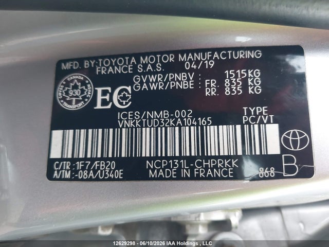 Продажа на аукционе авто 2019 Toyota Yaris L/le/se, vin: VNKKTUD32KA104165, номер лота: 12629298