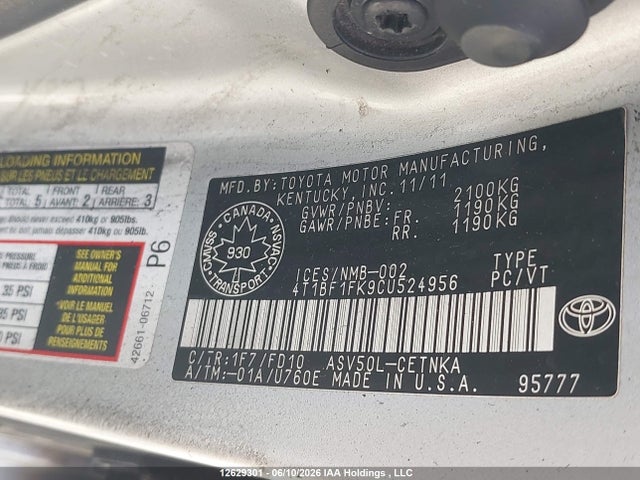 12629301 :رقم المزاد ، 4T1BF1FK9CU524956 vin ، 2012 Toyota Camry Se/le/xle مزاد بيع