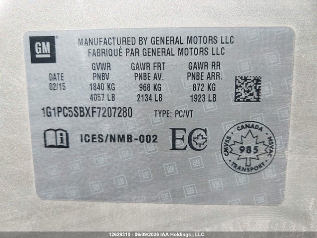 2015 Chevrolet Cruze მანქანა იყიდება აუქციონზე, vin: 1G1PC5SBXF7207280, აუქციონის ნომერი: 12629310