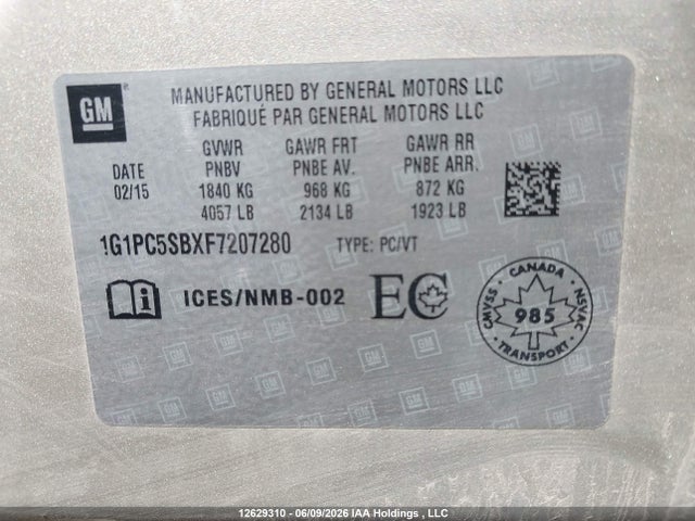 2015 Chevrolet Cruze მანქანა იყიდება აუქციონზე, vin: 1G1PC5SBXF7207280, აუქციონის ნომერი: 12629310