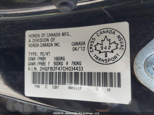 12629315 :رقم المزاد ، 2HGFB2F47CH034433 vin ، 2012 Honda Civic Lx مزاد بيع