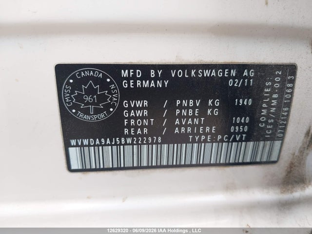 Aukcja sprzedaży 2011 Volkswagen Golf 2.5l Comfortline/2.5l Highline/2.5l Sportline/2.5l Trendline, vin: WVWDA9AJ5BW222978, numer aukcji: 12629320