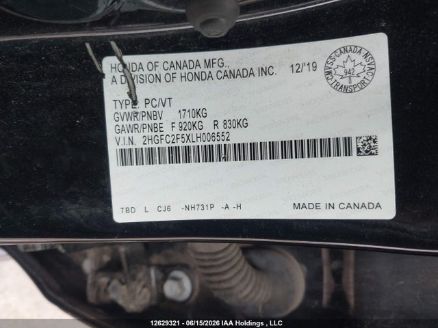 2020 Honda Civic Lx მანქანა იყიდება აუქციონზე, vin: 2HGFC2F5XLH006552, აუქციონის ნომერი: 12629321