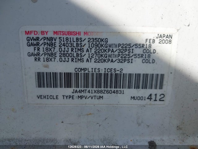 2008 Mitsubishi Outlander მანქანა იყიდება აუქციონზე, vin: JA4MT41X88Z604831, აუქციონის ნომერი: 12629323
