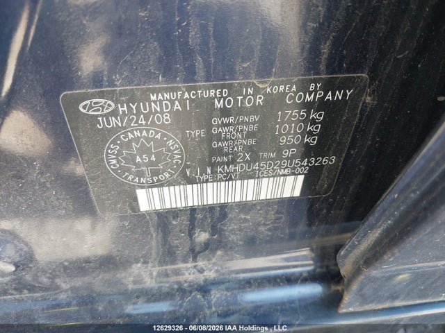 12629326 :رقم المزاد ، KMHDU45D29U543263 vin ، 2009 Hyundai Elantra Gl/l مزاد بيع