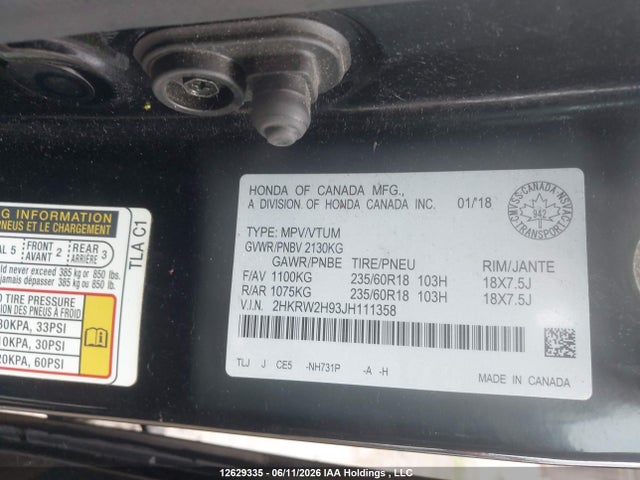 12629335 :رقم المزاد ، 2HKRW2H93JH111358 vin ، 2018 Honda Cr-v Touring مزاد بيع