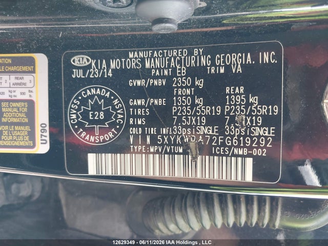 Продаж на аукціоні авто 2015 Kia Sorento Sx/sx Limited, vin: 5XYKWDA72FG619292, номер лоту: 12629349
