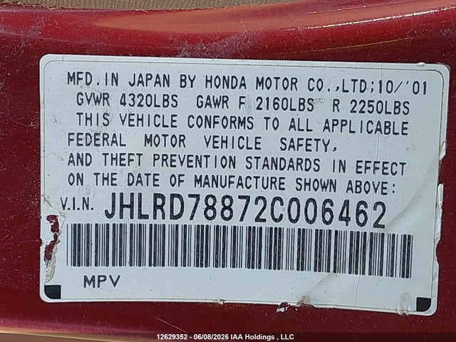 Продажа на аукционе авто 2002 Honda Cr-v Ex, vin: JHLRD78872C006462, номер лота: 12629352