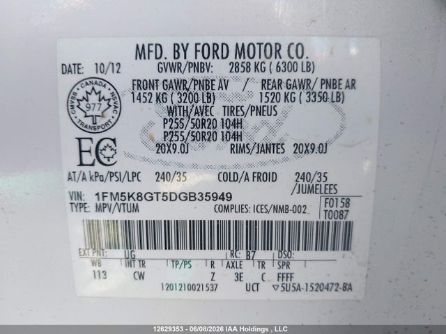 Продажа на аукционе авто 2013 Ford Explorer Sport, vin: 1FM5K8GT5DGB35949, номер лота: 12629353