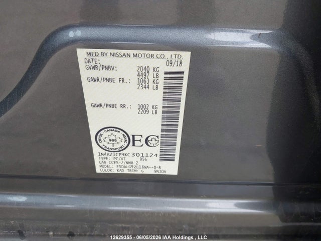 12629355 :رقم المزاد ، 1N4AZ1CP9KC301124 vin ، 2019 Nissan Leaf S/sl/sv مزاد بيع