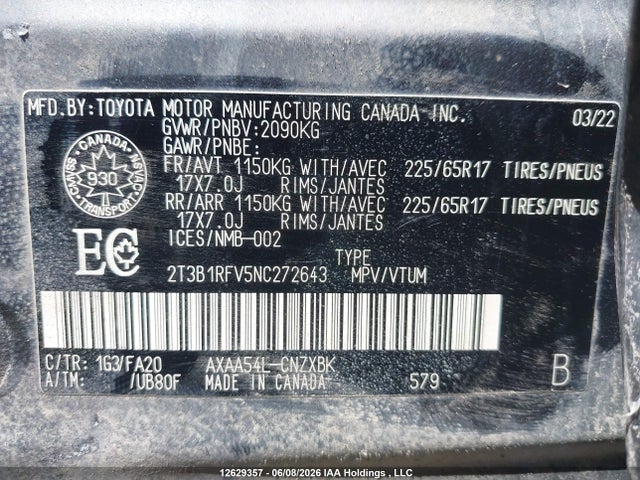 12629357 :رقم المزاد ، 2T3B1RFV5NC272643 vin ، 2022 Toyota Rav4 Le مزاد بيع