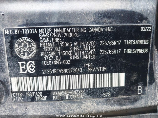12629357 :رقم المزاد ، 2T3B1RFV5NC272643 vin ، 2022 Toyota Rav4 Le مزاد بيع