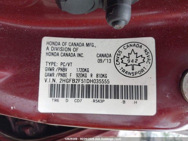 Aukcja sprzedaży 2013 Honda Civic, vin: 2HGFB2F51DH035555, numer aukcji: 12629359