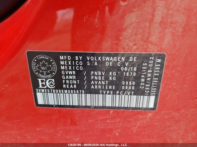 12626198 :رقم المزاد ، 3VWE57BU6KM085679 vin ، 2019 Volkswagen Jetta 1.4 Tsi Highline مزاد بيع