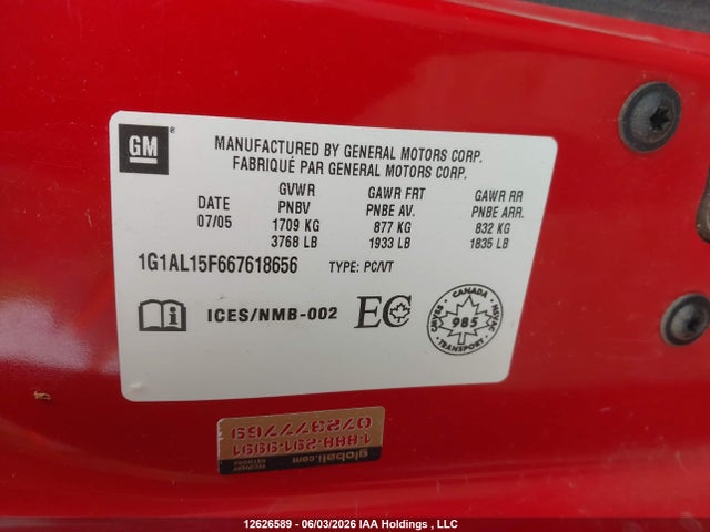 Продаж на аукціоні авто 2006 Chevrolet Cobalt Lt, vin: 1G1AL15F667618656, номер лоту: 12626589