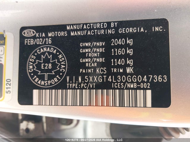5XXGT4L30GG047363 KIA Optima Lx/lx+