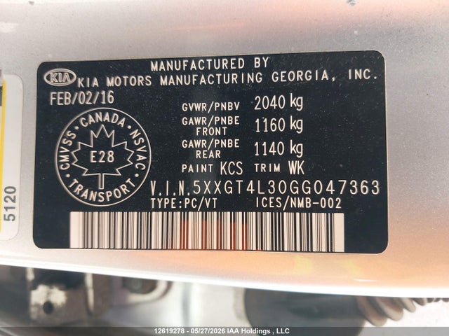 5XXGT4L30GG047363 KIA Optima Lx/lx+