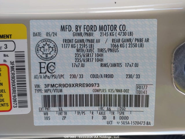 Aukcja sprzedaży 2024 Ford Bronco Sport Badlands, vin: 3FMCR9D9XRRE90973, numer aukcji: 12573693