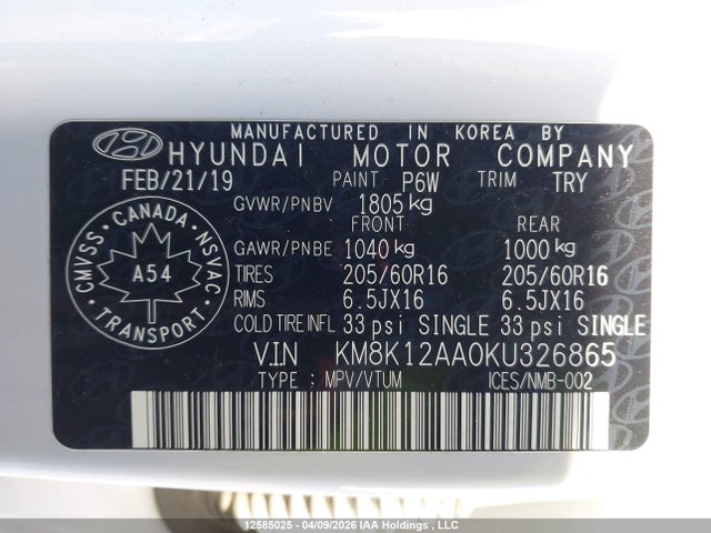 12585025 :رقم المزاد ، KM8K12AA0KU326865 vin ، 2019 Hyundai Kona 2.0l Essential مزاد بيع