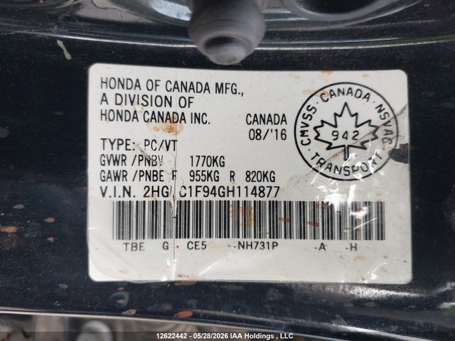 Продаж на аукціоні авто 2016 Honda Civic Touring, vin: 2HGFC1F94GH114877, номер лоту: 12622442