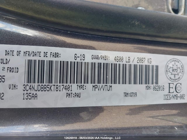 12626918 :رقم المزاد ، 3C4NJDBB5KT817401 vin ، 2019 Jeep Compass North مزاد بيع