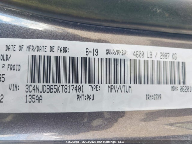 12626918 :رقم المزاد ، 3C4NJDBB5KT817401 vin ، 2019 Jeep Compass North مزاد بيع