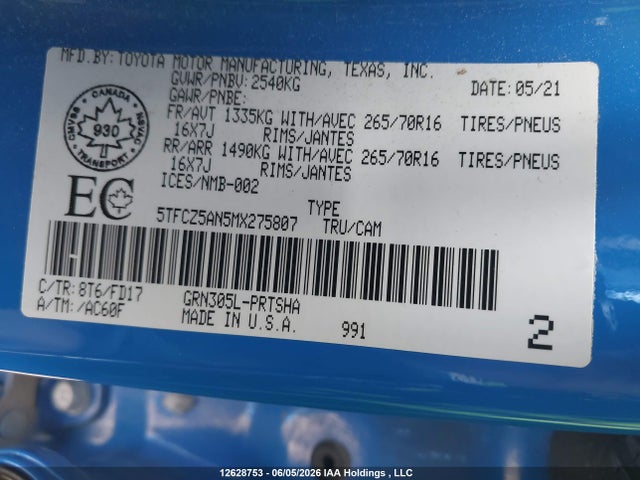 12628753 :رقم المزاد ، 5TFCZ5AN5MX275807 vin ، 2021 Toyota Tacoma مزاد بيع