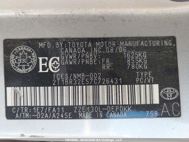Продаж на аукціоні авто 2007 Toyota Corolla Ce/le/sport, vin: 2T1BR32E57C726431, номер лоту: 12616608