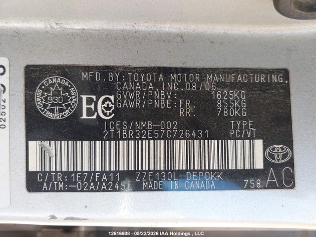 Продаж на аукціоні авто 2007 Toyota Corolla Ce/le/sport, vin: 2T1BR32E57C726431, номер лоту: 12616608