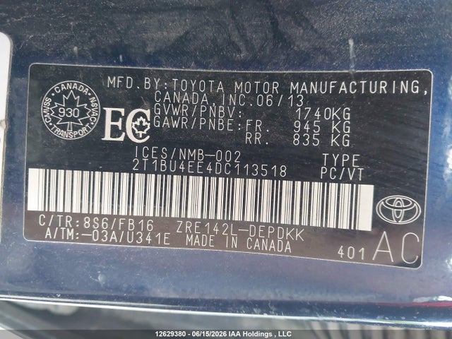 2013 Toyota Corolla Ce მანქანა იყიდება აუქციონზე, vin: 2T1BU4EE4DC113518, აუქციონის ნომერი: 12629380
